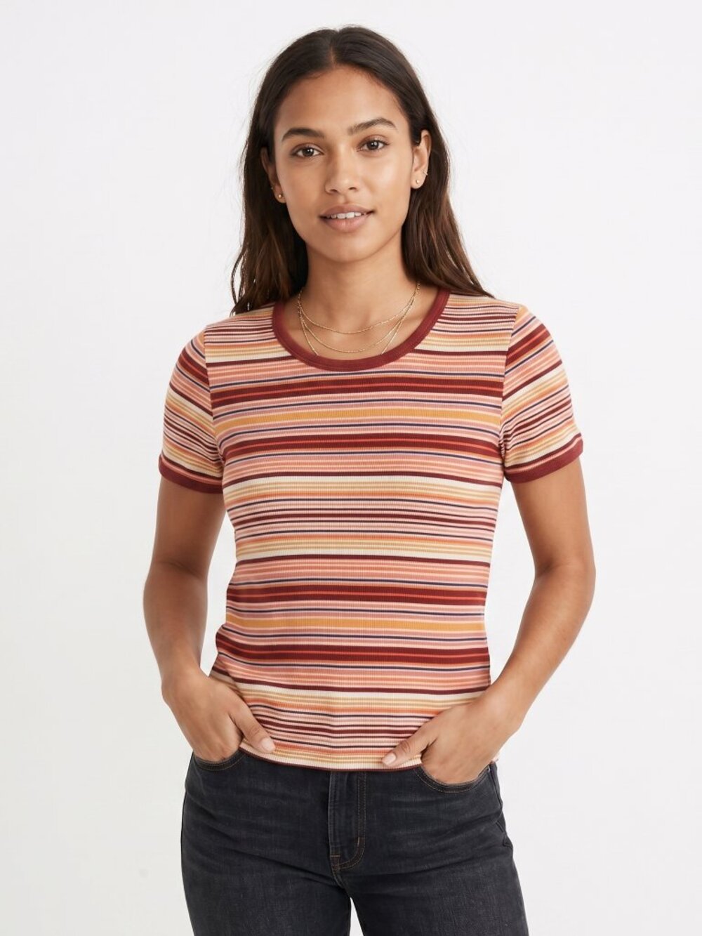 *Garage Striped Ribbed Knit Baby Tee – Short Sleeve Multi-Color Crewneck Shirt